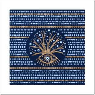 Greek Eye Tree - Mati Mataki gold and dark blue Posters and Art